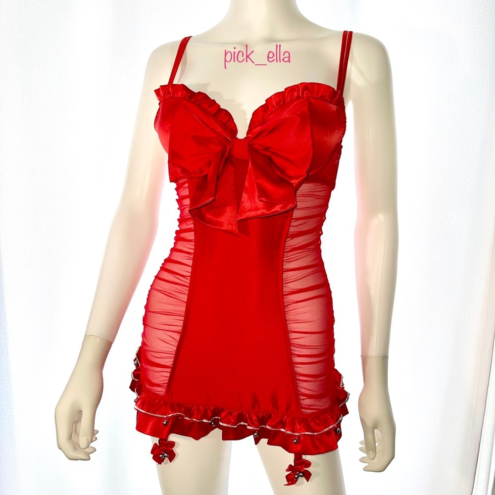 34B VS Victoria’s Secret Red Bow Babydoll Garter jingle bell nightie dress slip - Picture 3 of 16